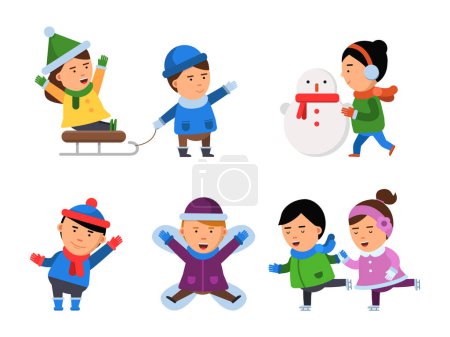 Illustration for Winter smile characters. Kids snow clothes boys girls christmas party children playing vector illustrations isolated. Happiness kids with sled and skates, snowman and wintertime - Royalty Free Image