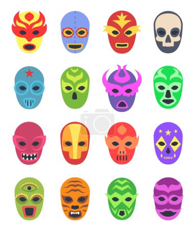 Illustration for Wrestler masks. Mexican martial fighters sport clothes colored lucha libre masked vector collection. Illustration of wrestler mask, mexico entertainment culture - Royalty Free Image