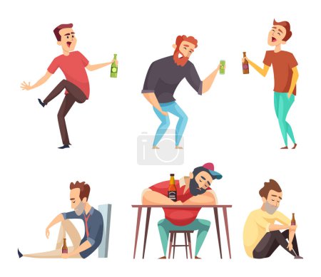 Illustration for Addiction alcoholic. Addict peoples alcoholism and drugs drinking person beer vodka whiskey abuse vector characters isolated. Alcoholic man addict, person with drink illustration - Royalty Free Image