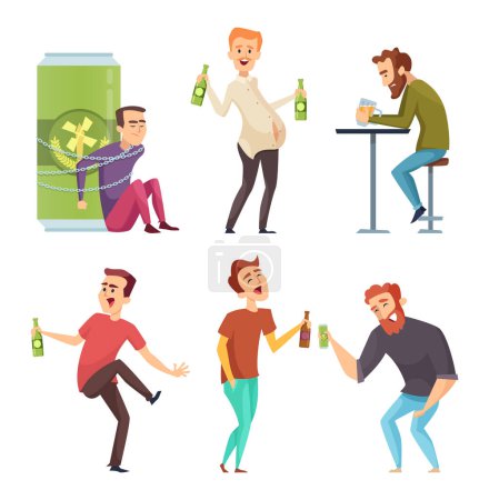 Illustration for Alcoholic character. Abuse and addicted man drugs and booze vector cartoon illustrations. Alcoholism with bottle beer, addiction alcohol - Royalty Free Image