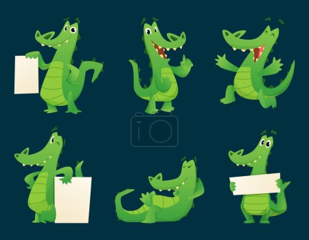 Illustration for Alligator characters. Wildlife crocodile amphibian reptile animal cartoon mascot poses vector illustration set. Alligator with banner for advertising, placard poster - Royalty Free Image