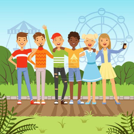 Illustration for Big friendly group of multiracial teenagers. Vector background picture in cartoon style. Young teenager people illustration - Royalty Free Image