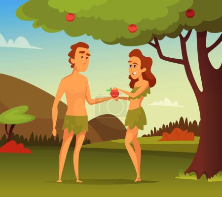 Illustration for Background picture of Biblical story. Temptation Of Adam. Illustration of first man and woman. Vector male and female in apple garden - Royalty Free Image