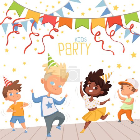 Illustration for Background illustrations at childrens dance party. Template of poster for kids invitation. Birthday holiday celebration, party childhood vector - Royalty Free Image