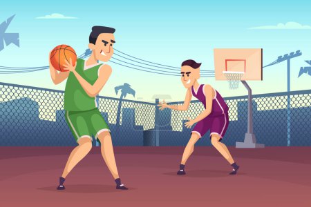 Illustration for Background illustrations of basketball players playing on the court. Streetball sport game, player team vector - Royalty Free Image