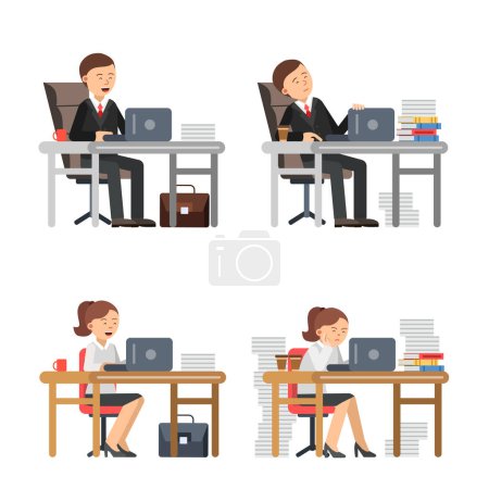 Illustration for Business peoples at work. Unhappy male and female workers at his workplace. Vector employee person tired, character man and woman at work office illustration - Royalty Free Image
