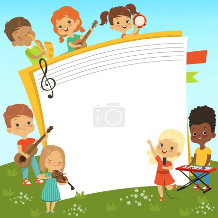 Illustration for Cartoon frame with musician childrens and empty place for your personal text. Vector musician child play on ,usical instrument illustration - Royalty Free Image