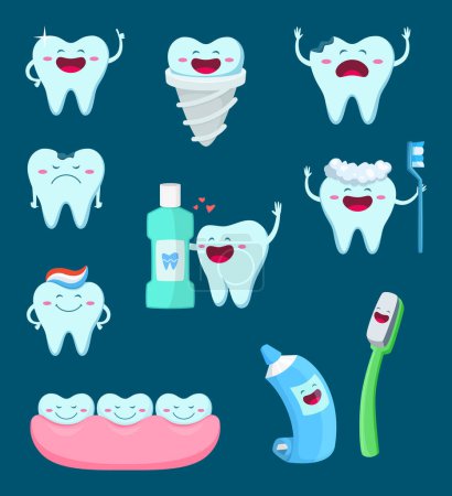 Illustration for Vector characters set of funny teeth and toothbrush. Cartoon mascot illustrations. Tooth healthy and toothbrush, mascot character teeth - Royalty Free Image