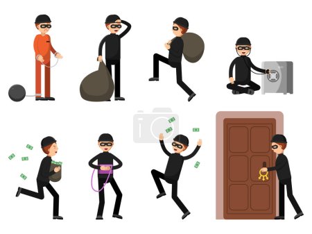 Illustration for Criminal illustrations of theif characters in different action poses. Burglar male, cartoon running robber vector - Royalty Free Image