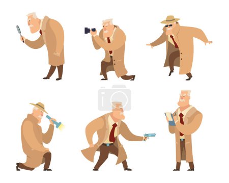 Illustration for Detective in different action pose. Vector character in cartoon style. Detective character police, person inspector and investigator illustration - Royalty Free Image