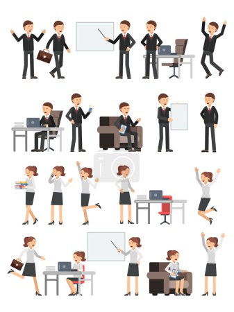 Illustration for Different business peoples male and female in action poses. Woman at work. Illustrations of characters business person woman and man vector - Royalty Free Image