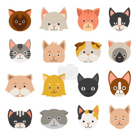 Téléchargez les illustrations : Différents visages de chats. Caractère chaton vecteur, illustration domestique chaton félin - en licence libre de droit