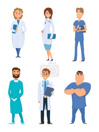 Illustration for Different medical personal. Male and female doctors. Cartoon characters medical occupation, doctor surgeon vector illustration - Royalty Free Image