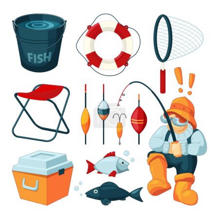 Illustration for Different equipment for fishing. Fisherman with rod. Vector pictures set. Fisherman and fishing rod, hobby sport and leisure illustration - Royalty Free Image