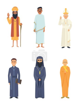 Ilustración de Diferentes líderes religiosos. Los personajes de dibujos animados se aíslan en blanco. Islam y cristianismo, católico y árabe, ilustración vectorial - Imagen libre de derechos
