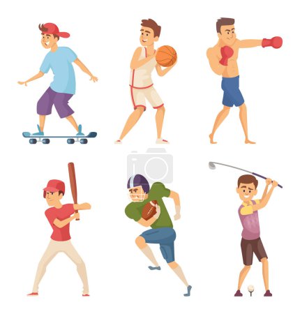 Illustration for Different sports activities. Sportsmen in action poses. Vector characters. Man train boxing and golf, baseball and rugby illustration - Royalty Free Image