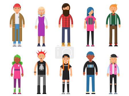 Illustration for Funky young people. Hipsters characters male and female. People group social, boy and girl. Vector illustration - Royalty Free Image