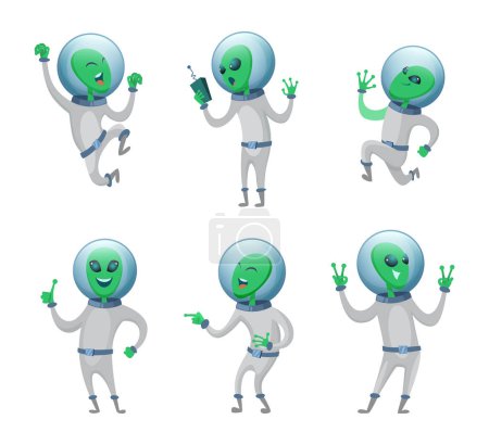 Téléchargez les illustrations : Drôle d'extraterrestres debout dans diverses poses. Humanoïdes vectoriels. illustration de mascotte martienne verte, personnage drôle créature - en licence libre de droit