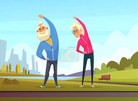 Ilustración de Las parejas mayores hacen algunos ejercicios deportivos en el jardín público. Senior deporte abuelo y abuela en parque ilustración - Imagen libre de derechos