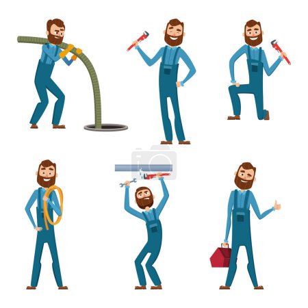 Illustration for Funny character of repairman or plumber in different poses. Vector mascot design. Illustratioin of repairman and plumber, worker service - Royalty Free Image