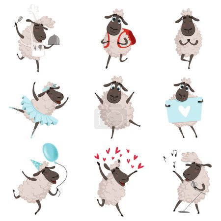 Illustration for Funny cartoon sheeps in various action poses. Lamb mascot animal, character mammal adorable. Vector illustration - Royalty Free Image
