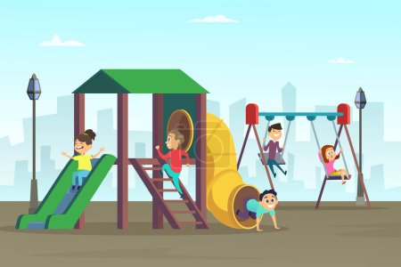 Illustration for Happy childhood. Kids playing on playground. Area at public park. Kindergarten and preschool area with swing. Vector illustration - Royalty Free Image