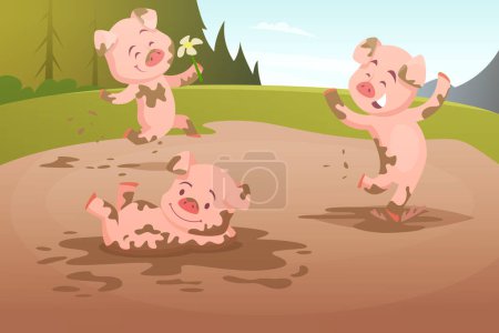 Téléchargez les illustrations : Des cochons jouant dans une flaque sale. Porcherie rose, personnage de porcelet animal dans la boue, illustration vectorielle - en licence libre de droit