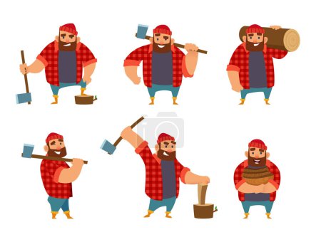 Illustration for Lumberjack in different poses holding axe in hands. Vector pictures isolate on white. Worker lumber with wood, character cartoon woodcutter illustration - Royalty Free Image