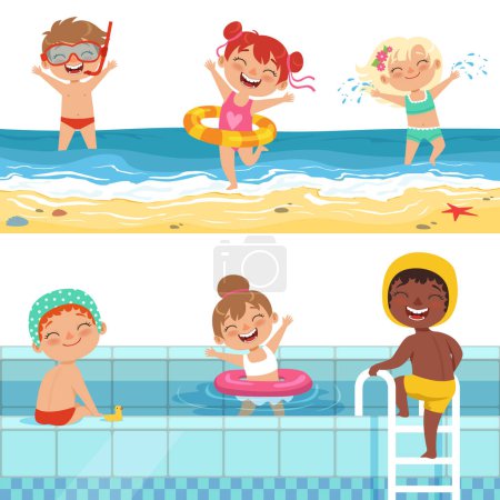 Ilustración de Niños jugando en el agua. Caracteres vectoriales aislados. Chico y chica en el mar. Actividad infantil en la playa ilustración - Imagen libre de derechos