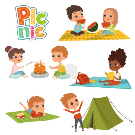 Ilustración de Varias fotos de niños, hombres y mujeres, descansan en el picnic. Almuerzo de verano, campamento y fuego. Ilustración vectorial - Imagen libre de derechos