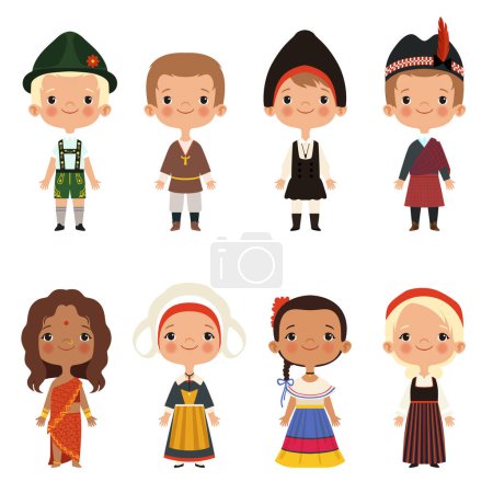 Illustration for Kids of different nationalities. Vector children boy and girl ethnic traditional costume illustration - Royalty Free Image