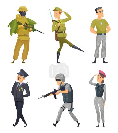 Ilustración de Personajes militares. Soldados del ejército, hombres y mujeres. Militar de uniforme con munición. Ilustración vectorial - Imagen libre de derechos