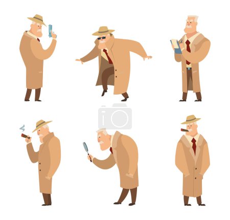 Illustration for Policeman or detective search criminal. Vector set of funny characters detective man in different situation illustration - Royalty Free Image