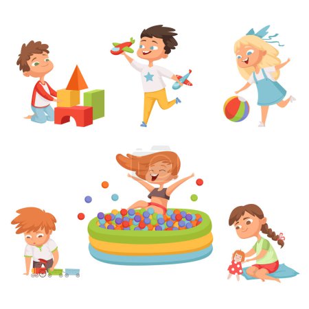 Ilustración de Niños preescolares jugando en varios juguetes. Ilustraciones vectoriales en estilo de dibujos animados. Preescolar infantil, jugar a los niños con juguete en el jardín de infantes - Imagen libre de derechos