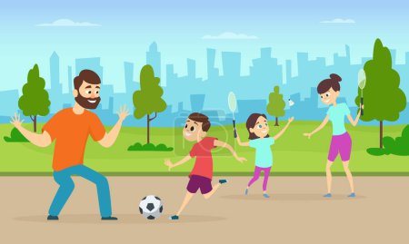 Illustration for Illustrations of active parents playing sport games in urban park. Funny family couples in cartoon style. Family game sport together, badminton and play football vector - Royalty Free Image