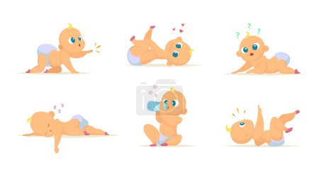 Illustration for Set of cute newborn babies in different action poses. Vector kid infant character, funny baby crawl action illustration - Royalty Free Image