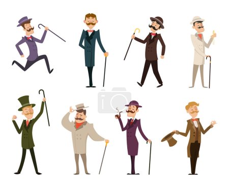 Illustration for Set of english victorian gentlemen. Characters in dynamic poses. Collection of gentlemen in suit clothing, gentleman english gallant aristocrat. Vector illustration - Royalty Free Image