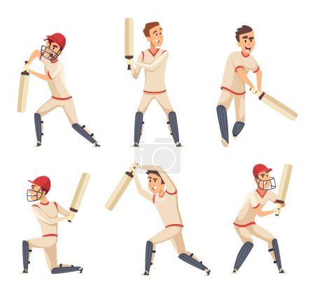 Illustration for Sport players of cricket. Vector characters isolated. Sport man with bat, cricketer batsman illustration - Royalty Free Image