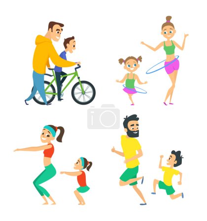 Illustration for Set of family couples in fitness activities. Parents playing in active games with their children. Family fitness sport exercise for healthy life. Vector illustration - Royalty Free Image