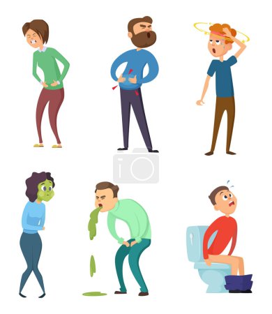 Illustration for Stomachache poison and diarrhea. Healthcare illustrations. Vector characters set. Illness fever, disease and sickness symptom - Royalty Free Image