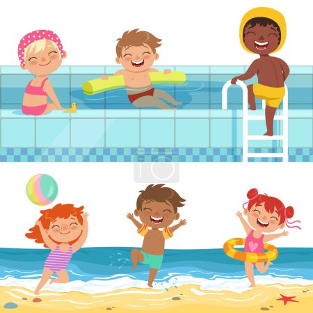 Téléchargez les illustrations : Jeux d'eau d'été en aquapark. Illustrations de dessins animés d'enfants drôles. Enfants sur la plage et piscine vecteur - en licence libre de droit