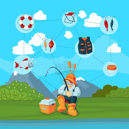 Ilustración de Ilustración de concepto vectorial con equipo de pesca de pescadores y dibujos animados infografía - Imagen libre de derechos