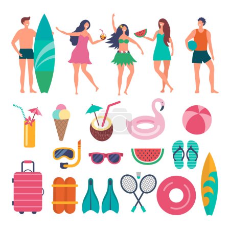 Illustration for Various characters of summer travellers. Vector illustrations of peoples. Illustration of summertime woman and man, surfboard and cocktail - Royalty Free Image