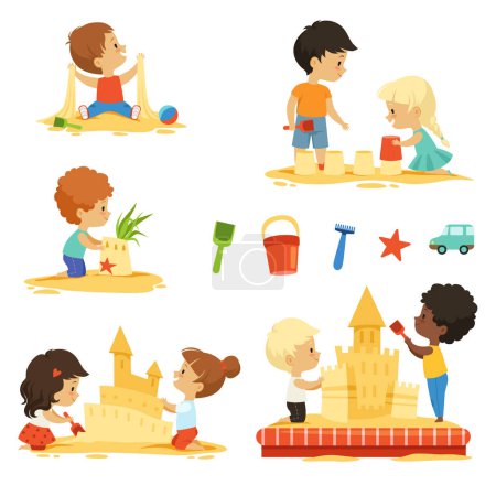 Illustration for Active kids playing in the sandbox. Happy characters isolate. Vector activity little baby on sand beach illustration - Royalty Free Image