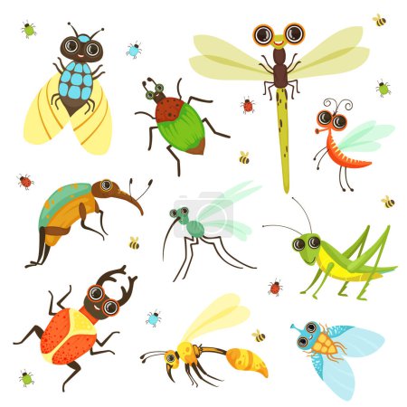 Téléchargez les illustrations : Bugs, papillons et autres insectes en style dessin animé. Insecte papillon et insecte, coléoptère et libellule. Illustration vectorielle - en licence libre de droit