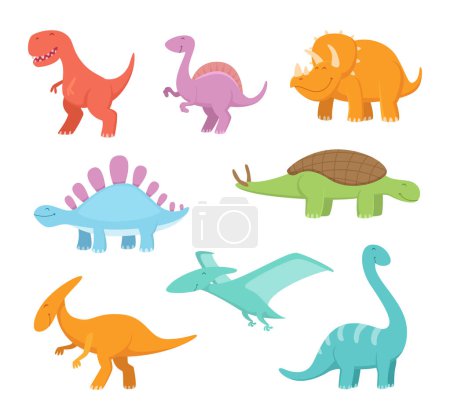 Illustration for Cartoon set of funny dinosaurs. Vector pictures of prehistoric period. Dinosaur prehistoric, animal dino character, reptile triceratops illustration - Royalty Free Image