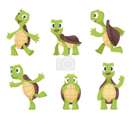 Illustration for Cartoon vector turtle in various action poses. Illustration of animal tortoise, reptile mascot caricature of collection - Royalty Free Image