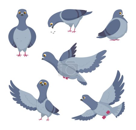 Téléchargez les illustrations : Jeu de dessins animés de pigeons drôles. Illustrations d'oiseaux. Collection de dessin de liberté de pigeon vecteur - en licence libre de droit
