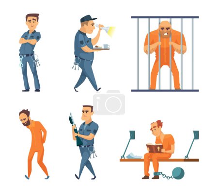 Illustration for Characters set of guards and prisoners. Vector police security guard and character prisoner person illustration - Royalty Free Image