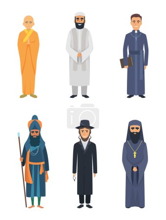 Ilustración de Cristianos, judíos y otros líderes religiosos diferentes. Judaísmo, musulmán y cristianismo religioso, ilustración vectorial - Imagen libre de derechos